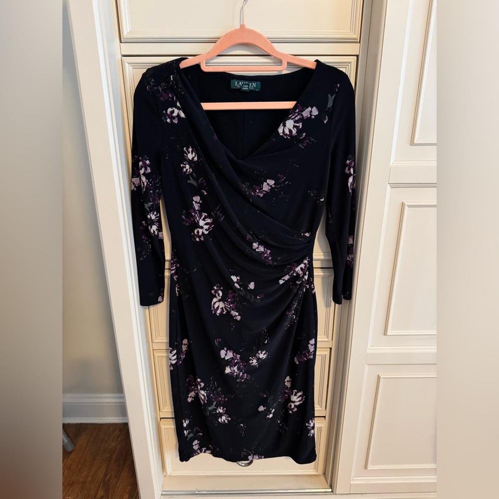 LAUREN RALPH LAUREN 3/4 SLEEVE FLORAL DRESS IN BLACK AND PURPLE SIZE 2